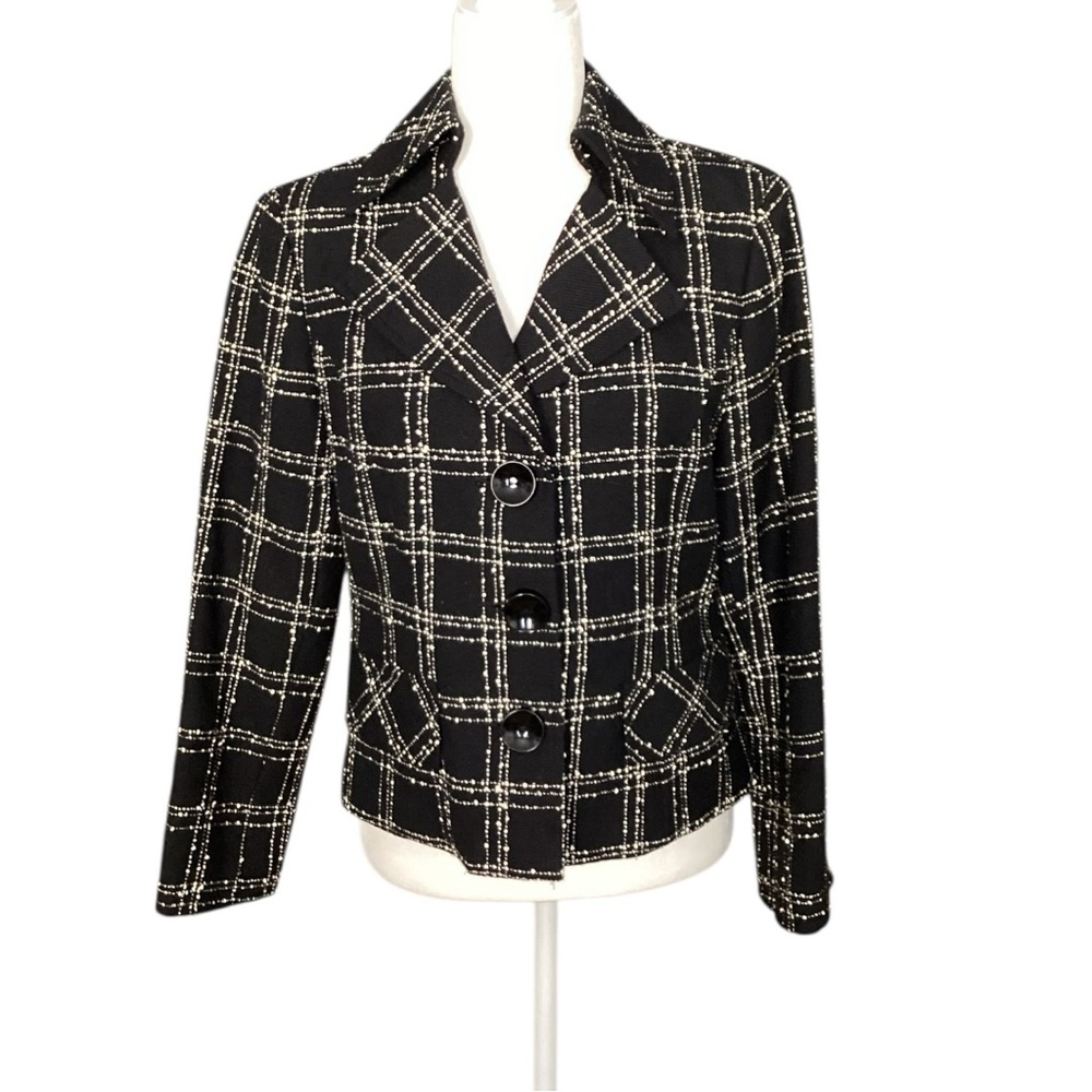 Nanette Lepore Black and White Plaid Wool Blazer
